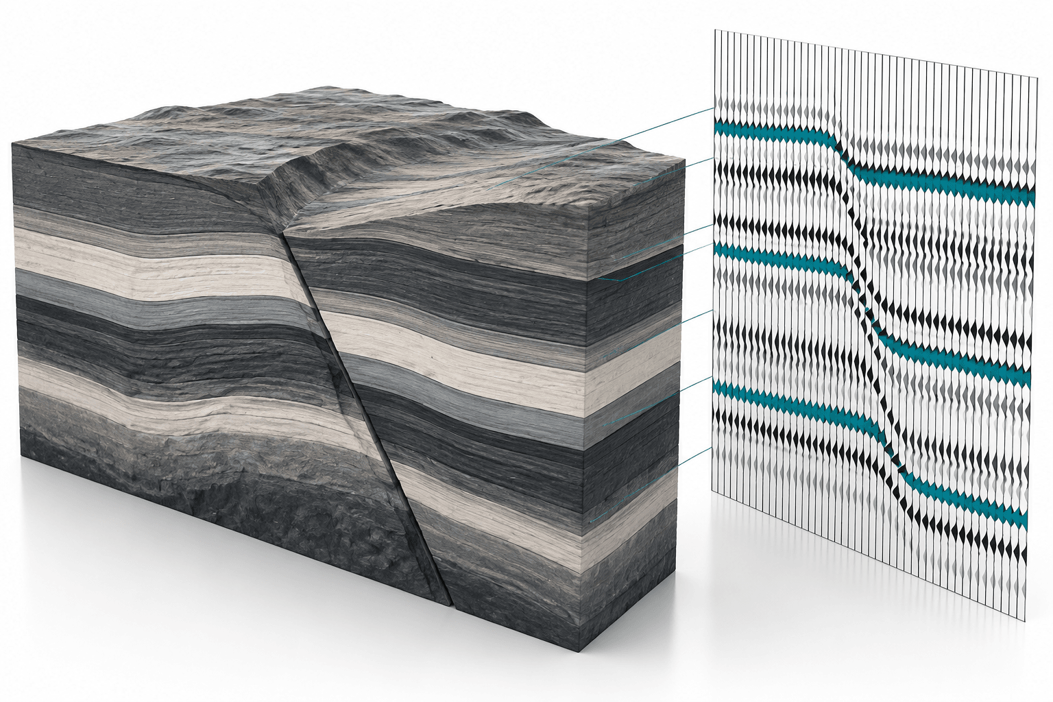 AI-generated concept illustration for Interactive Geological Modeling and Synthetic Seismic Data Generation (2D); not a project result